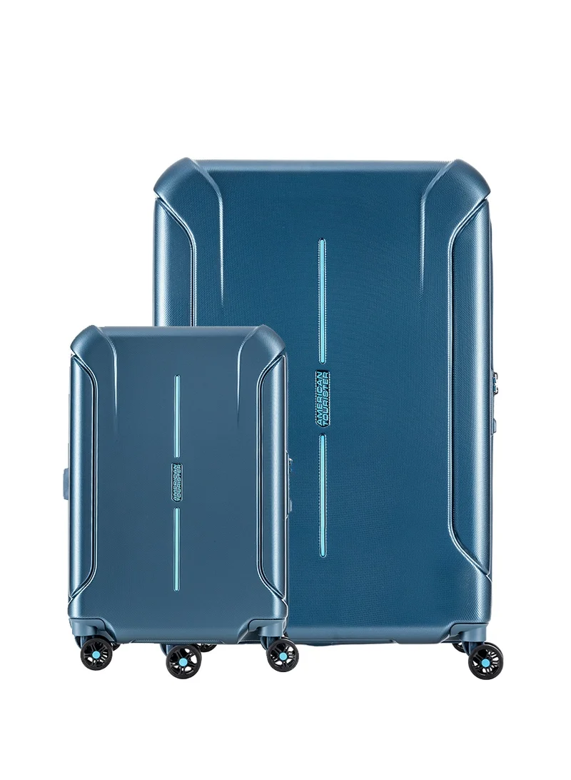 Technum Suitcase, 2pc Set (55 + 77 cm), 4 Spinner Wheels, Hard Top, Polycarbonate, Metallic Blue|DuoSaf™ Security Zipper|Dual Tube Pull Handle|Expandable|TSA Lock - 3 Years International Warranty